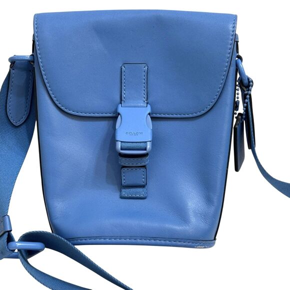 Coach Blue Crossbody Bag Leather Flap Messenger Modern Urban Adjustable Strap - Picture 2 of 11